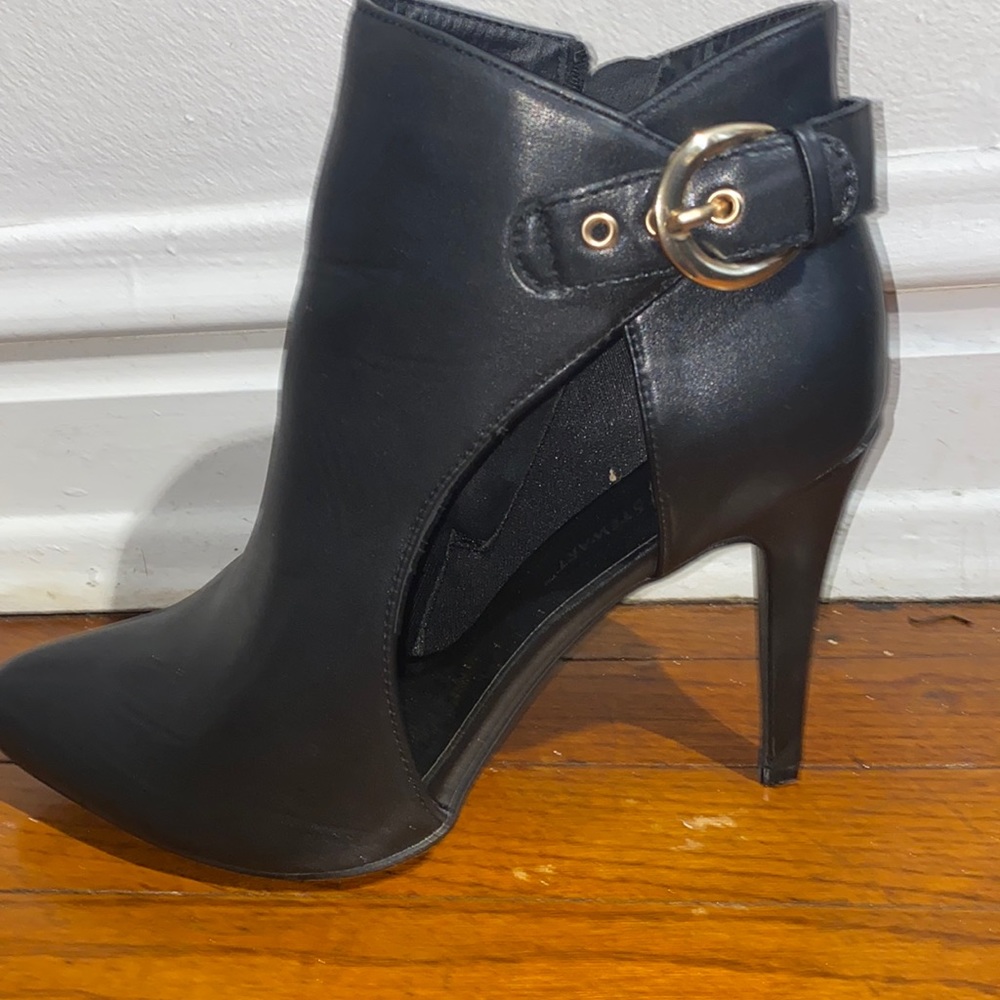 Black Vegan Leather heeled booties with cutout